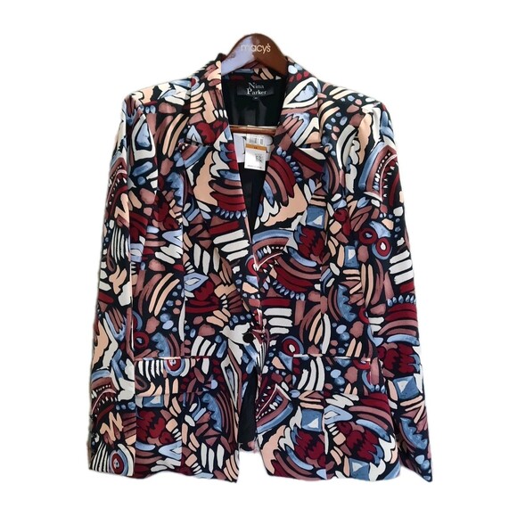 NINA PARKER Trendy Abstract Blazer Jacket Multicolor Red Blue Plus Size 3X - Picture 1 of 14